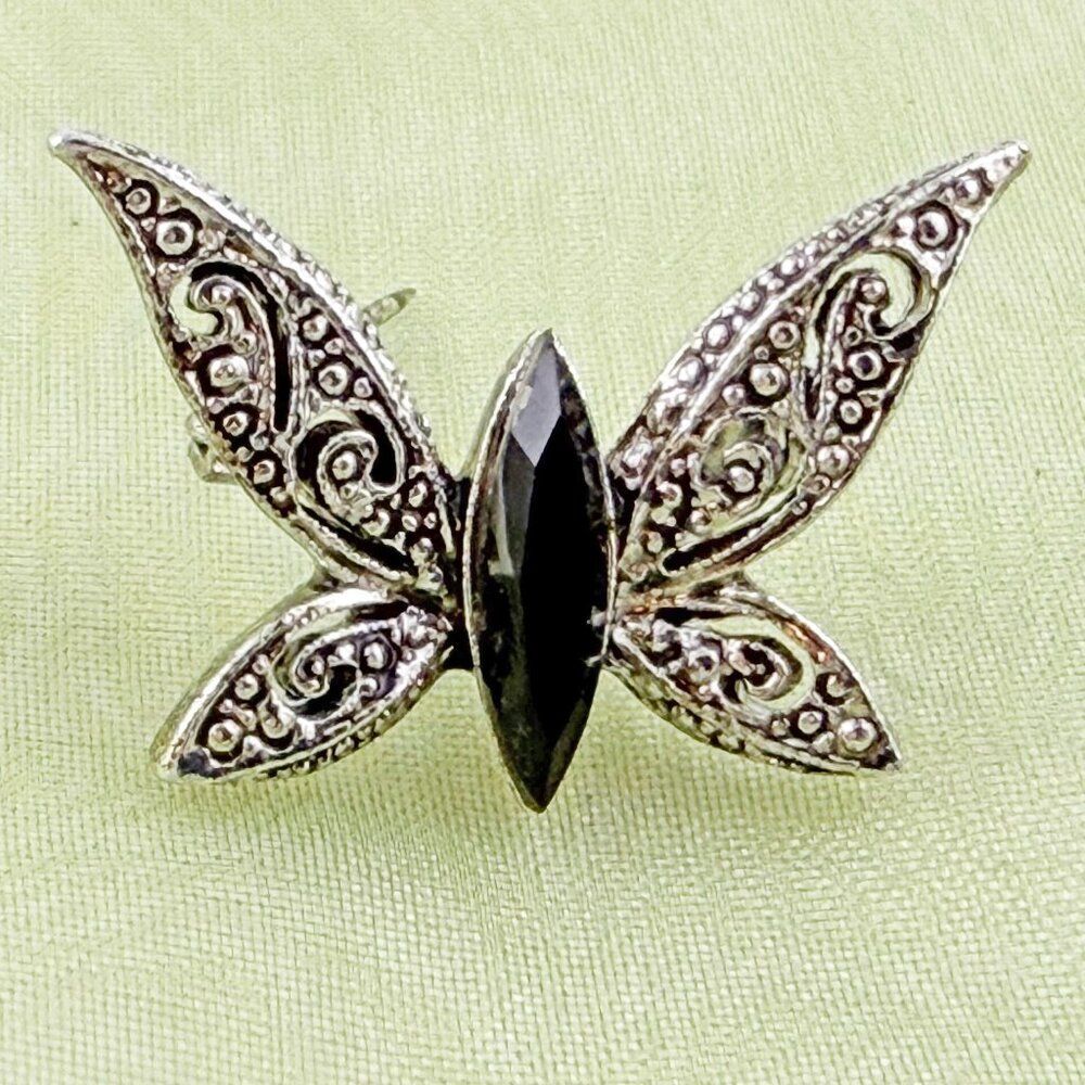 Vintage Silver Tone Filigree Butterfly Pin Brooch with Black Marquise Stone